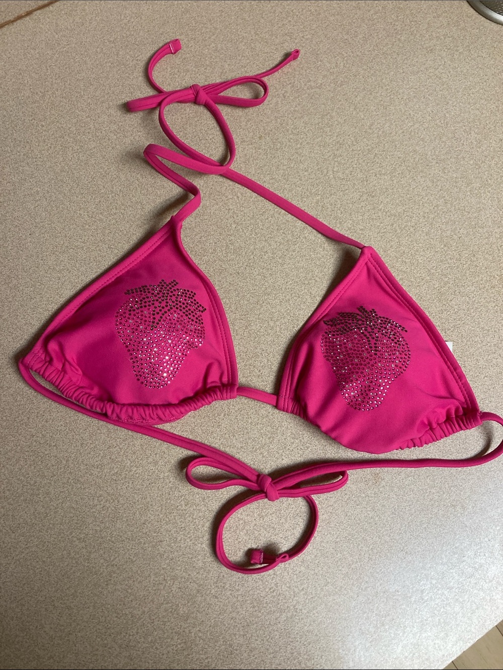 No Boundaries Hot Pink Rhinestone Strawberry Triangle Bikini Top